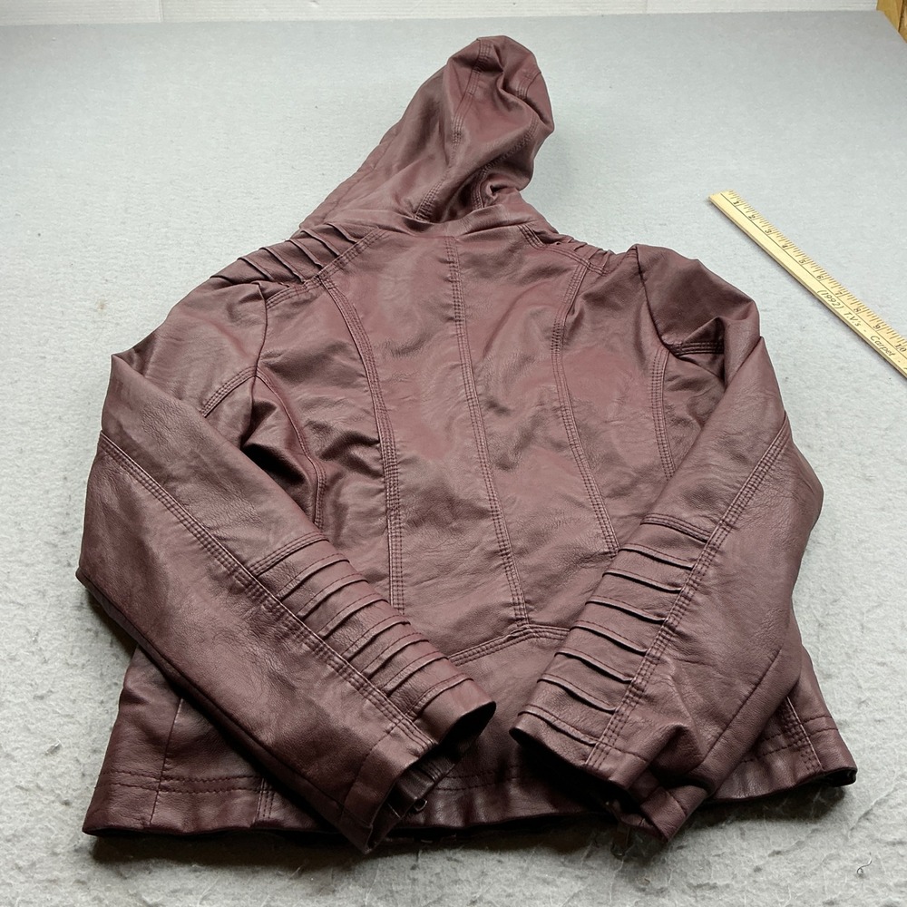 Burgundy Faux Leather Hooded Moto Jacket Faux Fur Lined Pockets Med Streetwear - Picture 14 of 16